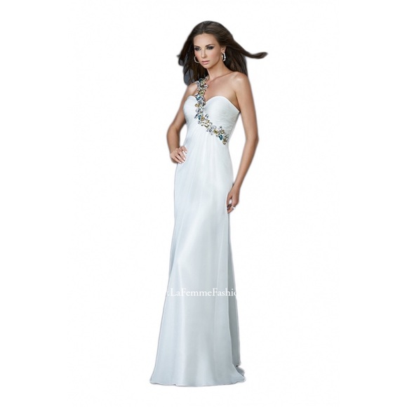 White Grecian La Femme Encrusted Jewel Strap Gown